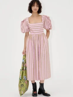 Blouson Sleeve Midi Dress - Wallpaper Stripes
