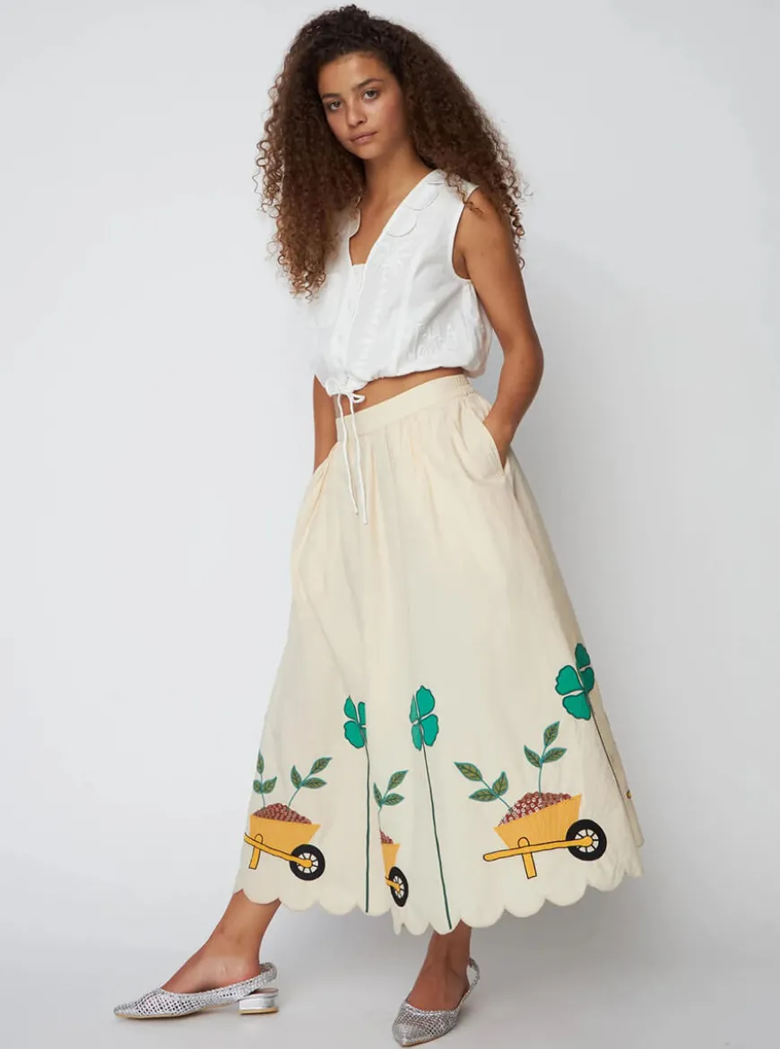 Embroidered Midi Skirt with Scallops - Ivory