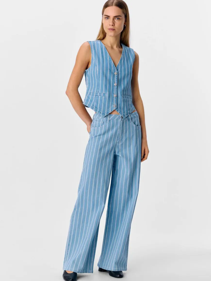 Striped Wide Leg Jeans - Light Blue Denim