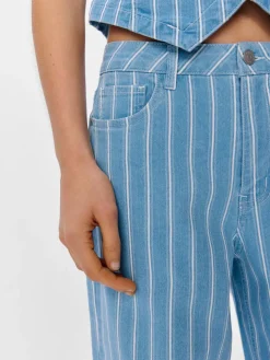 Striped Wide Leg Jeans - Light Blue Denim
