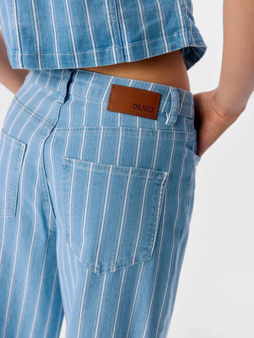 Striped Wide Leg Jeans - Light Blue Denim