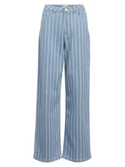 Striped Wide Leg Jeans - Light Blue Denim