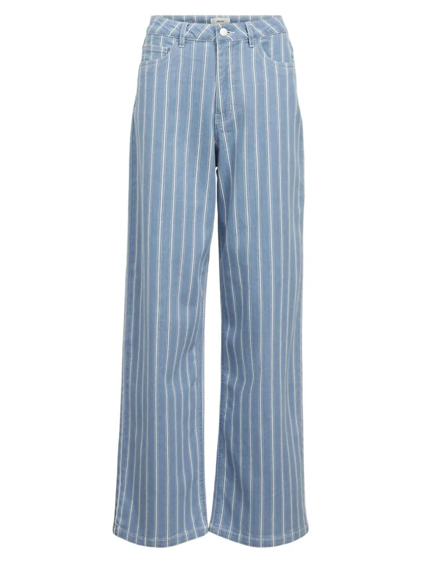 Striped Wide Leg Jeans - Light Blue Denim