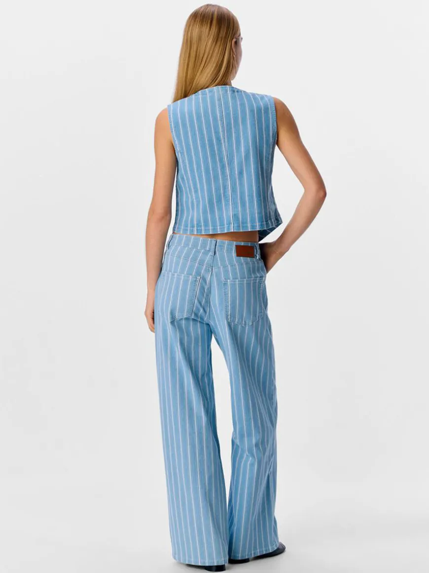 Striped Wide Leg Jeans - Light Blue Denim